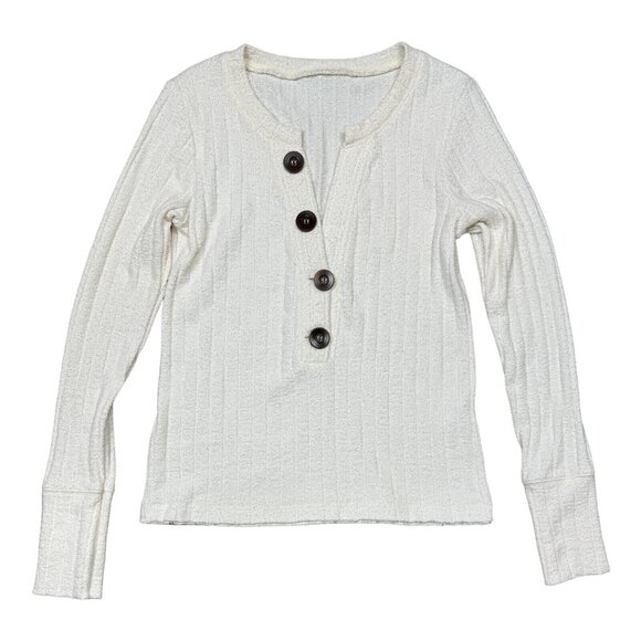 Ivory Ribbed Henley Long-Sleeve Sweater Womens Medium Button Detail Lightweight - Picture 5 of 15